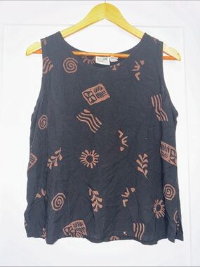 Vintage TravelSmith Black Tank with Brown Geometric & Floral Motif Sz Medium